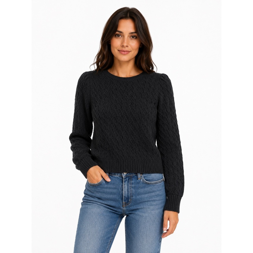 Margaret O'Leary‎ Womens Cable Knit Puff Shoulder Cotton Sweater Black XS